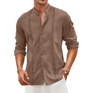 image:imageCOOFANDY Mens Cuban Guayabera Shirt Casual Long Sleeve Button Down Shirts Band Collar Linen Summer Beach ShirtBrown