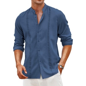 image:imageCOOFANDY Mens Cuban Guayabera Shirt Casual Long Sleeve Button Down Shirts Band Collar Linen Summer Beach ShirtDenim Blue