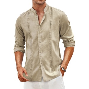 image:imageCOOFANDY Mens Cuban Guayabera Shirt Casual Long Sleeve Button Down Shirts Band Collar Linen Summer Beach ShirtKhaki