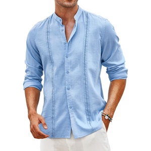 image:imageCOOFANDY Mens Cuban Guayabera Shirt Casual Long Sleeve Button Down Shirts Band Collar Linen Summer Beach ShirtLight Blue