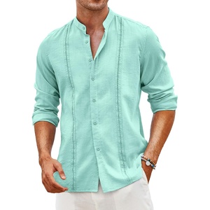 image:imageCOOFANDY Mens Cuban Guayabera Shirt Casual Long Sleeve Button Down Shirts Band Collar Linen Summer Beach ShirtLight Green