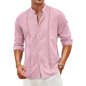 image:imageCOOFANDY Mens Cuban Guayabera Shirt Casual Long Sleeve Button Down Shirts Band Collar Linen Summer Beach ShirtLight Pink