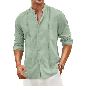 image:imageCOOFANDY Mens Cuban Guayabera Shirt Casual Long Sleeve Button Down Shirts Band Collar Linen Summer Beach ShirtMint Green