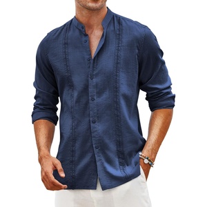 image:imageCOOFANDY Mens Cuban Guayabera Shirt Casual Long Sleeve Button Down Shirts Band Collar Linen Summer Beach ShirtNavy Blue