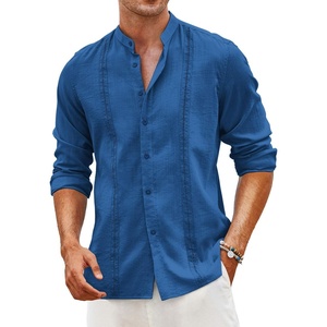 image:imageCOOFANDY Mens Cuban Guayabera Shirt Casual Long Sleeve Button Down Shirts Band Collar Linen Summer Beach ShirtRoyal Blue