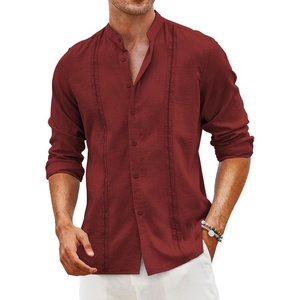 image:imageCOOFANDY Mens Cuban Guayabera Shirt Casual Long Sleeve Button Down Shirts Band Collar Linen Summer Beach ShirtWine Red