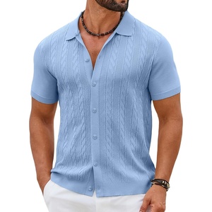 image:imageCOOFANDY Mens Knit Button Down Shirts Short Sleeve Polo Shirt Casual Vintage Summer Beach ShirtsClear Blue