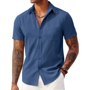 image:imageCOOFANDY Mens Linen Shirts Short Sleeve Button Down Shirt Casual Summer Beach Shirts with PocketDenim Blue
