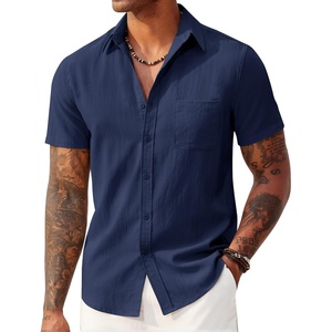 image:imageCOOFANDY Mens Linen Shirts Short Sleeve Button Down Shirt Casual Summer Beach Shirts with PocketNavy Blue