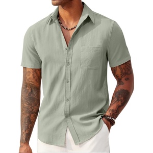 image:imageCOOFANDY Mens Linen Shirts Short Sleeve Button Down Shirt Casual Summer Beach Shirts with PocketSage Green