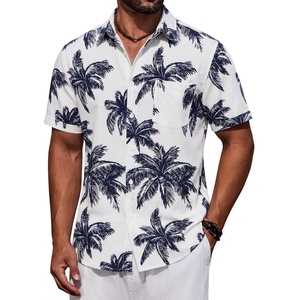 image:imageCOOFANDY Mens Short Sleeve Button Down Shirts Casual Cotton Beach Summer Linen Textured ShirtsPalm Leaf Printnavy