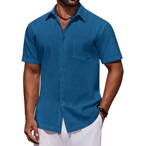 image:imageCOOFANDY Mens Short Sleeve Button Down Shirts Casual Cotton Beach Summer Linen Textured ShirtsSea Blue