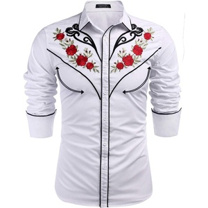 image:imageCOOFANDY Mens Western Cowboy Shirt Long Sleeve Embroidered Shirt Slim Fit Cotton Casual Button Down ShirtWhite Retro Rose