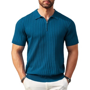 image:imageCOOFANDY Mens Zipper Polo Shirts Short Sleeve Ribbed Knit Polo T Shirts Fashion Casual Golf ShirtsDenim Blue