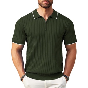 image:imageCOOFANDY Mens Zipper Polo Shirts Short Sleeve Ribbed Knit Polo T Shirts Fashion Casual Golf ShirtsStripes Army Green Stripes
