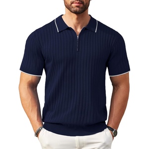 image:imageCOOFANDY Mens Zipper Polo Shirts Short Sleeve Ribbed Knit Polo T Shirts Fashion Casual Golf ShirtsStripes Navy Blue Stripes