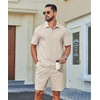 image:imageCOOFANDY Mens 2 Piece Outfits Casual Cotton Short Sleeve Polo Shirts and Shorts Sets Loose Fit Summer Athletic Track SuitsKhaki