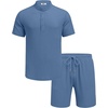 image:imageCOOFANDY Mens Summer Beach Outfits 2 Piece Casual Textured Henley Shirt and Shorts SetGrey Blue