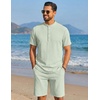image:imageCOOFANDY Mens Summer Beach Outfits 2 Piece Casual Textured Henley Shirt and Shorts SetIce Green