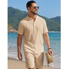 image:imageCOOFANDY Mens Summer Beach Outfits 2 Piece Casual Textured Henley Shirt and Shorts SetKhaki