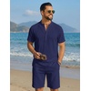 image:imageCOOFANDY Mens Summer Beach Outfits 2 Piece Casual Textured Henley Shirt and Shorts SetNavy Blue