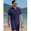 image:imageCOOFANDY Mens Summer Beach Outfits 2 Piece Casual Textured Henley Shirt and Shorts SetNavy Blue