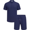 image:imageCOOFANDY Mens Summer Beach Outfits 2 Piece Casual Textured Henley Shirt and Shorts SetNavy Blue