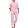 image:imageCOOFANDY Mens 2 Piece Cotton Sets Casual Long Sleeve Cuban Henley Shirt and Loose Pants Set Beach Vacation OutfitsDark Pink