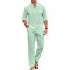 image:imageCOOFANDY Mens 2 Piece Cotton Sets Casual Long Sleeve Cuban Henley Shirt and Loose Pants Set Beach Vacation OutfitsIce Green