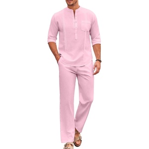image:imageCOOFANDY Mens 2 Piece Cotton Sets Casual Long Sleeve Cuban Henley Shirt and Loose Pants Set Beach Vacation OutfitsDark Pink