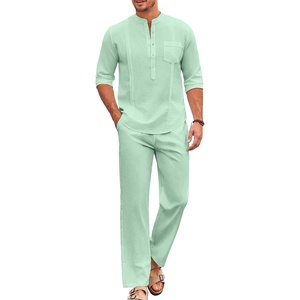 image:imageCOOFANDY Mens 2 Piece Cotton Sets Casual Long Sleeve Cuban Henley Shirt and Loose Pants Set Beach Vacation OutfitsIce Green