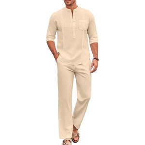 image:imageCOOFANDY Mens 2 Piece Cotton Sets Casual Long Sleeve Cuban Henley Shirt and Loose Pants Set Beach Vacation OutfitsLight Khaki
