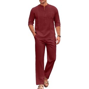 image:imageCOOFANDY Mens 2 Piece Cotton Sets Casual Long Sleeve Cuban Henley Shirt and Loose Pants Set Beach Vacation OutfitsWine Red
