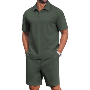 image:imageCOOFANDY Mens 2 Piece Outfits Casual Cotton Short Sleeve Polo Shirts and Shorts Sets Loose Fit Summer Athletic Track SuitsArmy Green