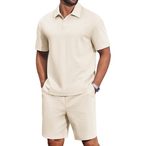 image:imageCOOFANDY Mens 2 Piece Outfits Casual Cotton Short Sleeve Polo Shirts and Shorts Sets Loose Fit Summer Athletic Track SuitsBeige