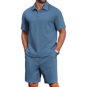 image:imageCOOFANDY Mens 2 Piece Outfits Casual Cotton Short Sleeve Polo Shirts and Shorts Sets Loose Fit Summer Athletic Track SuitsGrey Blue