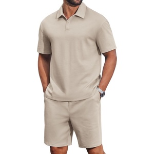 image:imageCOOFANDY Mens 2 Piece Outfits Casual Cotton Short Sleeve Polo Shirts and Shorts Sets Loose Fit Summer Athletic Track SuitsKhaki