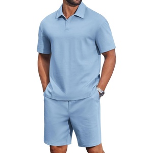 image:imageCOOFANDY Mens 2 Piece Outfits Casual Cotton Short Sleeve Polo Shirts and Shorts Sets Loose Fit Summer Athletic Track SuitsLight Blue