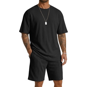 image:imageCOOFANDY Mens 2 Pieces Outfits Casual Cotton T Shirt and Shorts Set Summer Short Sleeve Waffle TracksuitsBlack