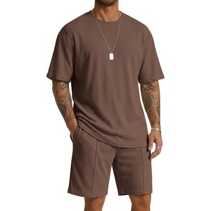 image:imageCOOFANDY Mens 2 Pieces Outfits Casual Cotton T Shirt and Shorts Set Summer Short Sleeve Waffle TracksuitsBrown