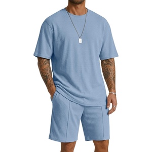 image:imageCOOFANDY Mens 2 Pieces Outfits Casual Cotton T Shirt and Shorts Set Summer Short Sleeve Waffle TracksuitsLight Blue