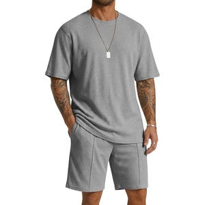 image:imageCOOFANDY Mens 2 Pieces Outfits Casual Cotton T Shirt and Shorts Set Summer Short Sleeve Waffle TracksuitsLight Grey