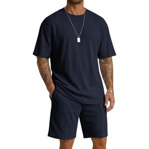 image:imageCOOFANDY Mens 2 Pieces Outfits Casual Cotton T Shirt and Shorts Set Summer Short Sleeve Waffle TracksuitsNavy Blue
