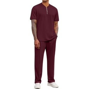 image:imageCOOFANDY Mens 2 Pieces Outfits Casual Quarter Zip Polo Shirt and Jogging Pants Summer Tracksuits SetDark Red
