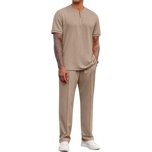 image:imageCOOFANDY Mens 2 Pieces Outfits Casual Quarter Zip Polo Shirt and Jogging Pants Summer Tracksuits SetKhaki