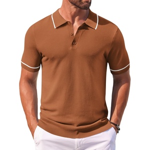 image:imageCOOFANDY Mens Knit Polo Shirts Casual Short Sleeve Button Down Shirts Crochet Classic Golf Polo Collared ShirtsLight Brown