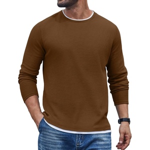 image:imageCOOFANDY Mens Long Sleeve Tee Shirts Cotton Waffle Crewneck Pullover Tshirts with Contrast TrimLight Brown  White Trim