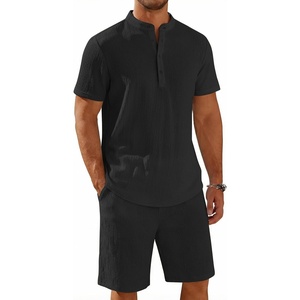 image:imageCOOFANDY Mens Summer Beach Outfits 2 Piece Casual Textured Henley Shirt and Shorts SetBlack