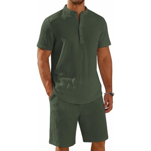 image:imageCOOFANDY Mens Summer Beach Outfits 2 Piece Casual Textured Henley Shirt and Shorts SetGreen