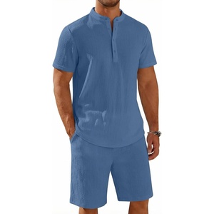 image:imageCOOFANDY Mens Summer Beach Outfits 2 Piece Casual Textured Henley Shirt and Shorts SetGrey Blue